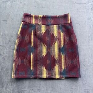 Kenny Southwest Aztec Wool Blend Mini Skirt Burgundy Gold Size M Made in USA